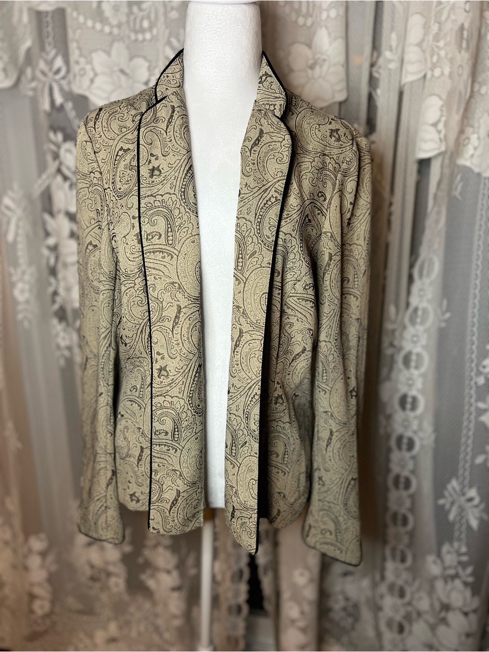 Vintage Traditions Open-Front Paisley Blazer with Black Trim - Neutral Beige 14
